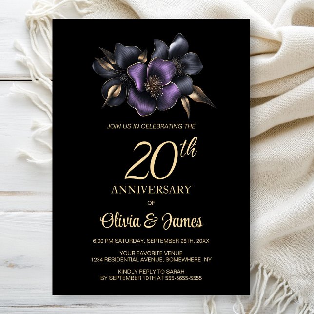 Black Lila Gray Floral 20 Jahre alt Einladung (Von Creator hochgeladen)