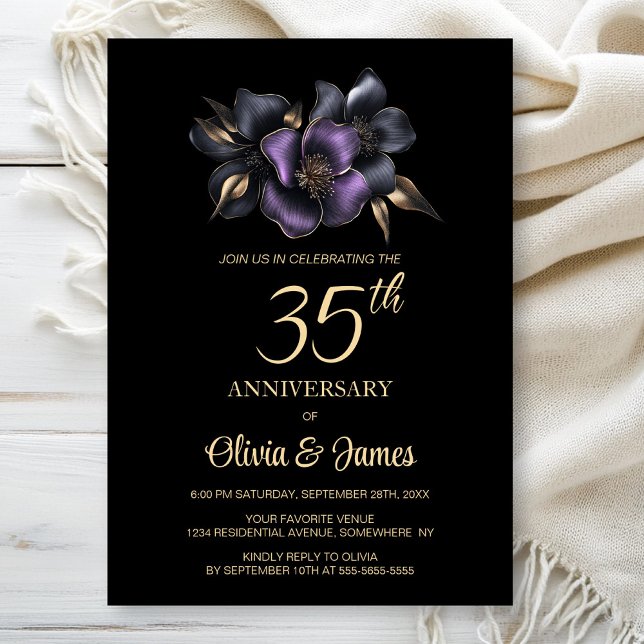 Black Lila Gray Floral 35 Jahre Jubiläum Einladung (Von Creator hochgeladen)