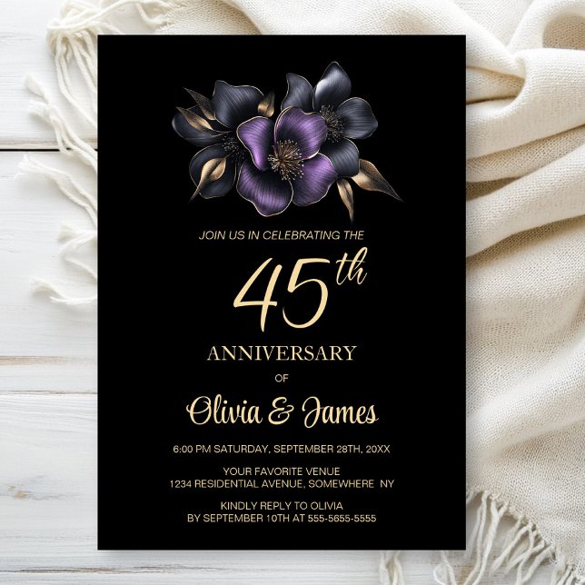 Black Lila Gray Floral 45 Jahre alt Einladung (Von Creator hochgeladen)