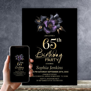 Black Lila Gray Floral 65. Geburtstagsparty Einladung