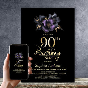 Black Lila Gray Floral 90. Geburtstagsparty Einladung