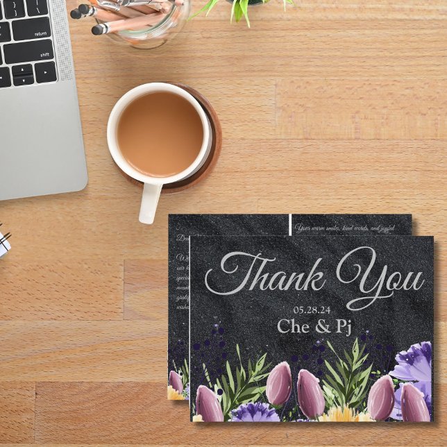 Black Lila Minimalistisch Floral Dankeschön Karte (Von Creator hochgeladen)