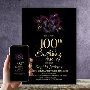 Black Lila Pink Floral 100. Geburtstagsparty Einladung