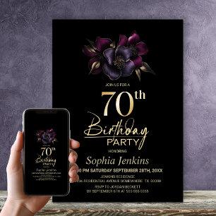 Black Lila Pink Floral 70. Geburtstagsparty Einladung