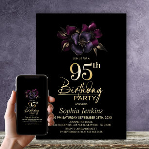 Black Lila Pink Floral 95. Geburtstagsparty Einladung