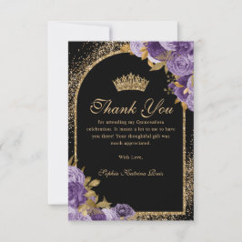 Black Lila Plum Gold Glitzer Floral Quinceanera Dankeskarte