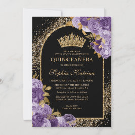 Black Lila Plum Gold Glitzer Floral Quinceanera Einladung