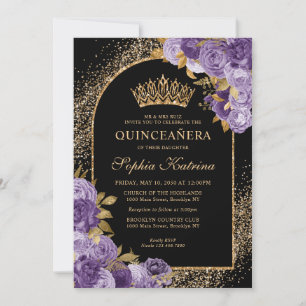 Black Lila Plum Gold Glitzer Floral Quinceanera Einladung