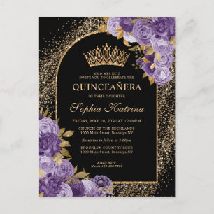 Black Lila Plum Gold Glitzer Floral Quinceanera Einladungspostkarte