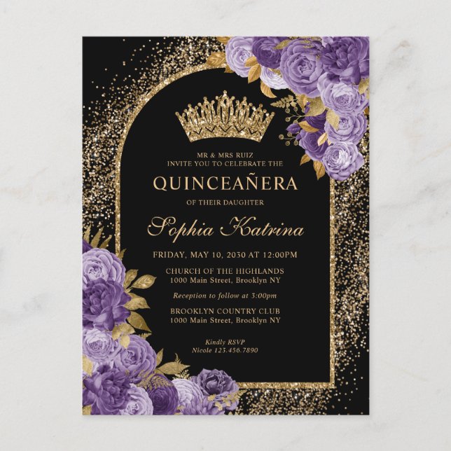 Black Lila Plum Gold Glitzer Floral Quinceanera Einladungspostkarte (Vorderseite)