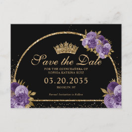 Black Lila Plum Gold Glitzer Floral Quinceanera Postkarte