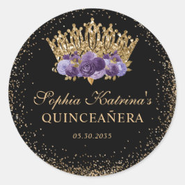 Black Lila Plum Gold Glitzer Floral Quinceanera Runder Aufkleber