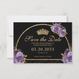 Black Lila Plum Gold Glitzer Floral Quinceanera Save The Date