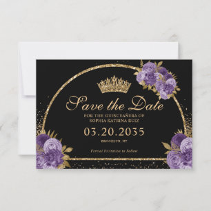 Black Lila Plum Gold Glitzer Floral Quinceanera Save The Date