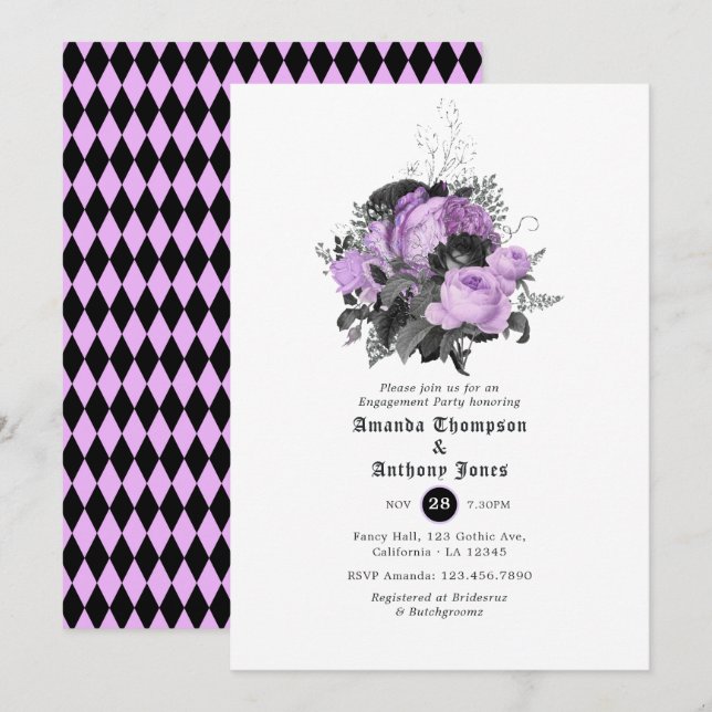Black, Lila und Silver Gothic Engagement Party Einladung (Vorne/Hinten)