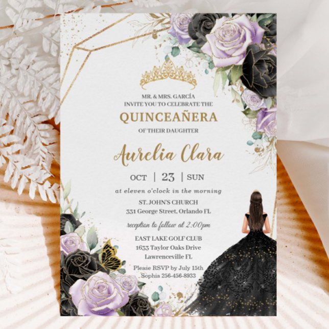 Black Lilac Rose Floral Quinceañera 16 . Geburtsta Einladung (Von Creator hochgeladen)