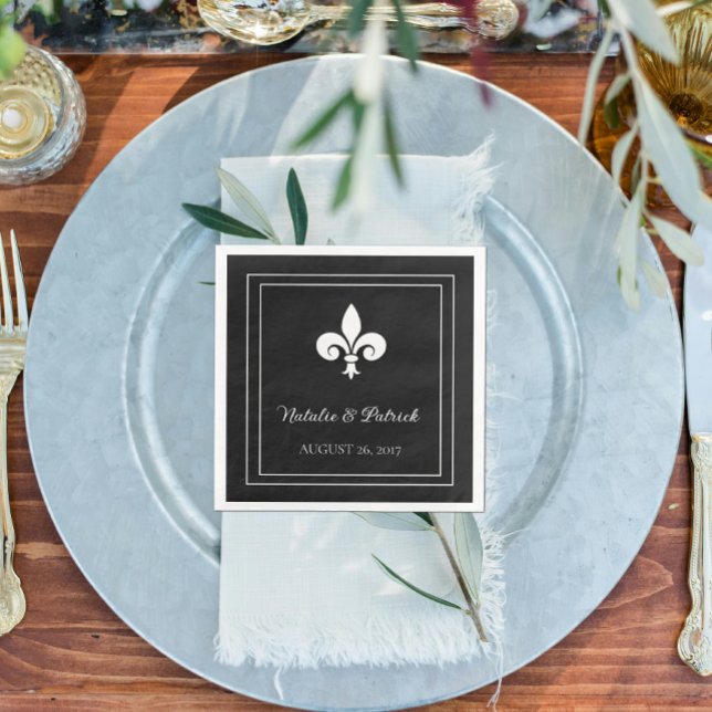 Black Lilie Wedding Paper Napkins Serviette (Black Fleur de Lis Wedding Paper Napkins)