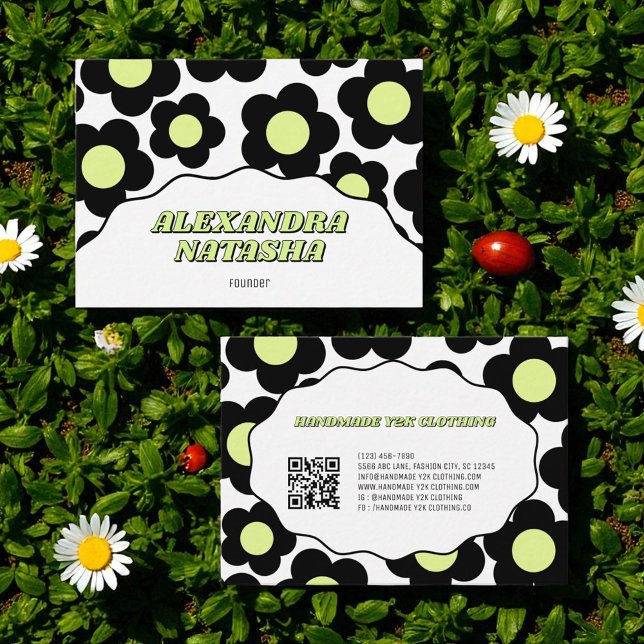 Black Lime Green Y2K Blume Handgefertigte Kleidung Visitenkarte (Black Lime Green Y2K Flower Handmade Clothing Business Card)