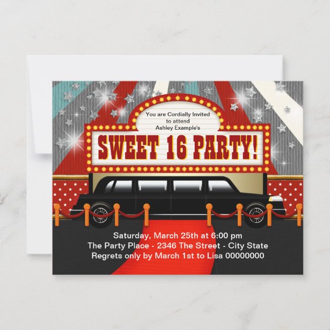 Black Limo Movie Star Sweet 16 Party Einladung (Vorderseite)