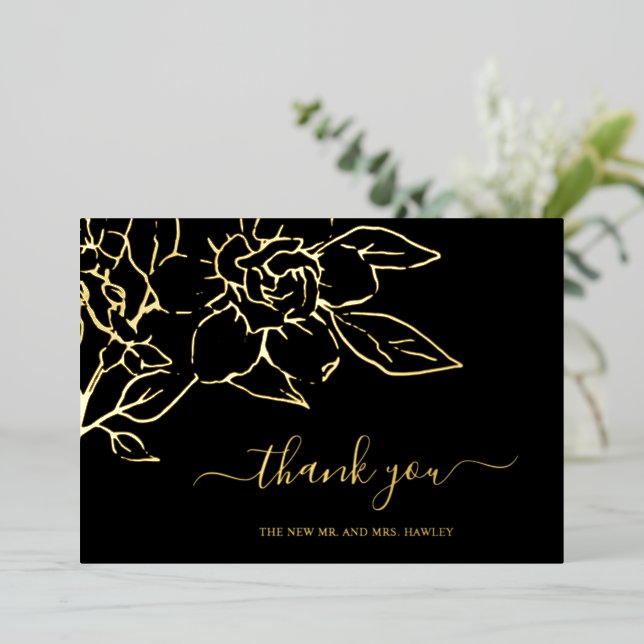 Black Line Art Floral Wedding Danke Karte (Stehend vorne)