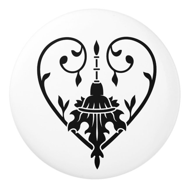 Black Line Art Heart mit Abstraktem Leaf Design Keramikknauf (Vorderseite)