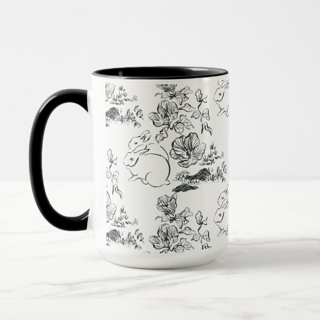Black Line Art Niedliches Kaninchen und Blume Tasse (Links)