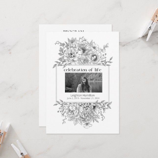 Black Line Florals Foto Beerdigung Programm (Vorderseite/Rückseite Beispiel)