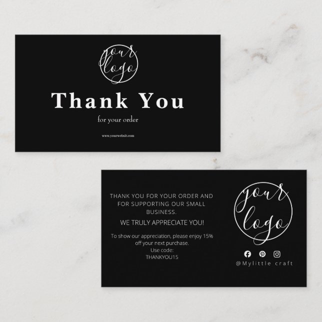 Black Logo Thank You Card Small Business Visitenkarte (Vorne/Hinten)