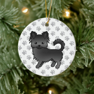 Black Long Coat Chihuahua Cartoon Dog & Paws Keramik Ornament