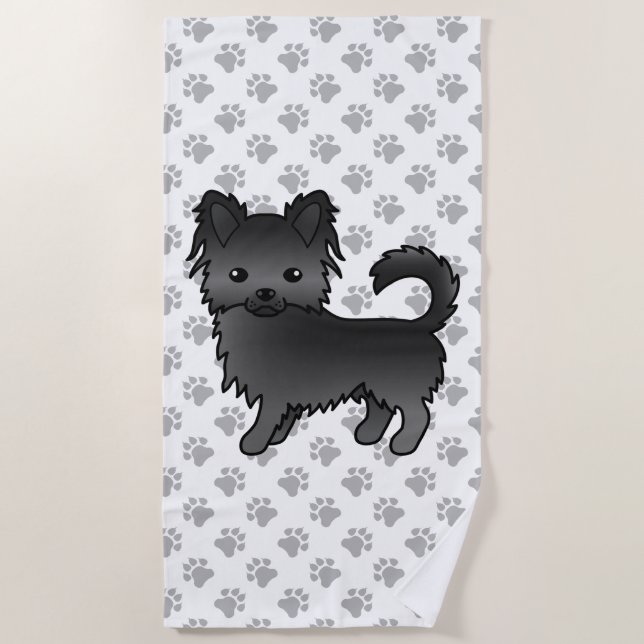 Black Long Coat Chihuahua Cartoon Dog & Paws Strandtuch (Vorderseite)