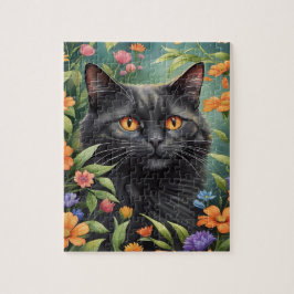 Black Longhaired Cat Family Pet Portrait Puzzle