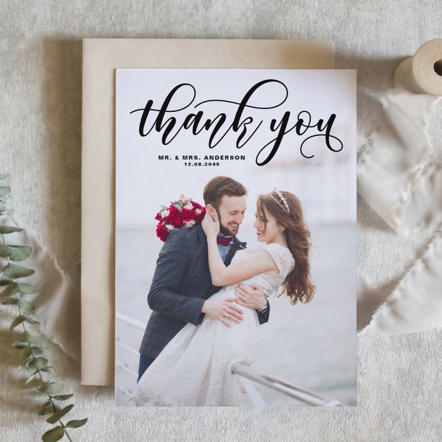 Black Lovely Modern Calligraphy Foto Wedding Dankeskarte (Von Creator hochgeladen)