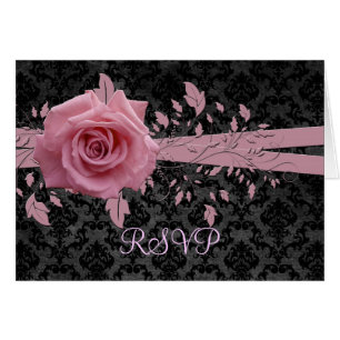 Black Luxe Damask Pink Rose RSVP Karte