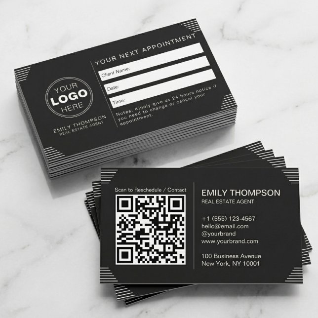 Black Luxury Art Deco QR Code Minimal Design Terminkarte (Luxury Black QR Code Appointment Card for Real Estate Branding)
