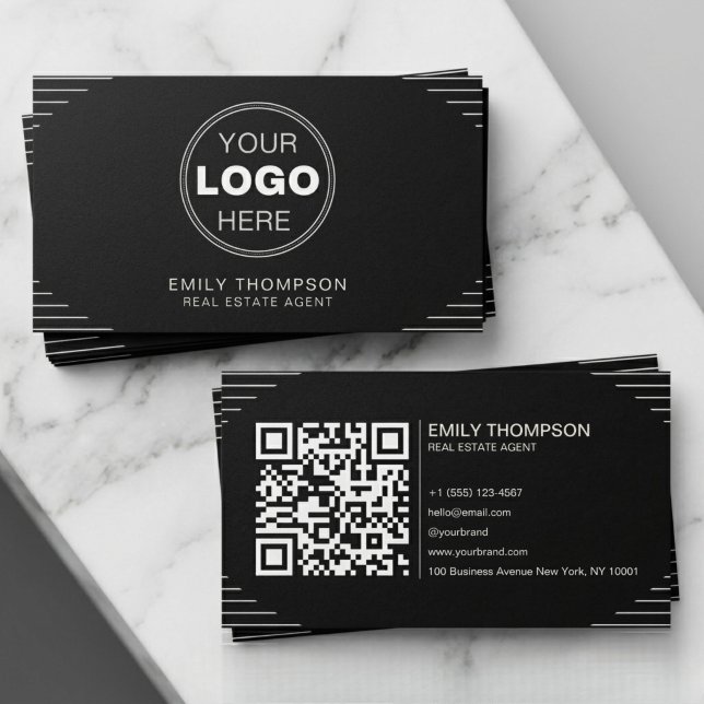 Black Luxury Art Deco QR Code Minimal Design Visitenkarte (Black Luxury Art Deco QR Code Minimal Design Business Card)