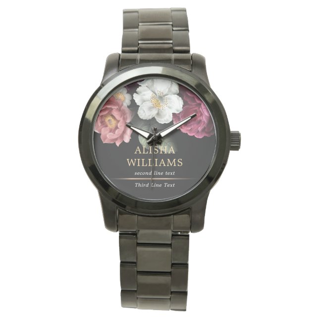 Black Luxury Floral Personalisiert Armbanduhr (Vorderseite)