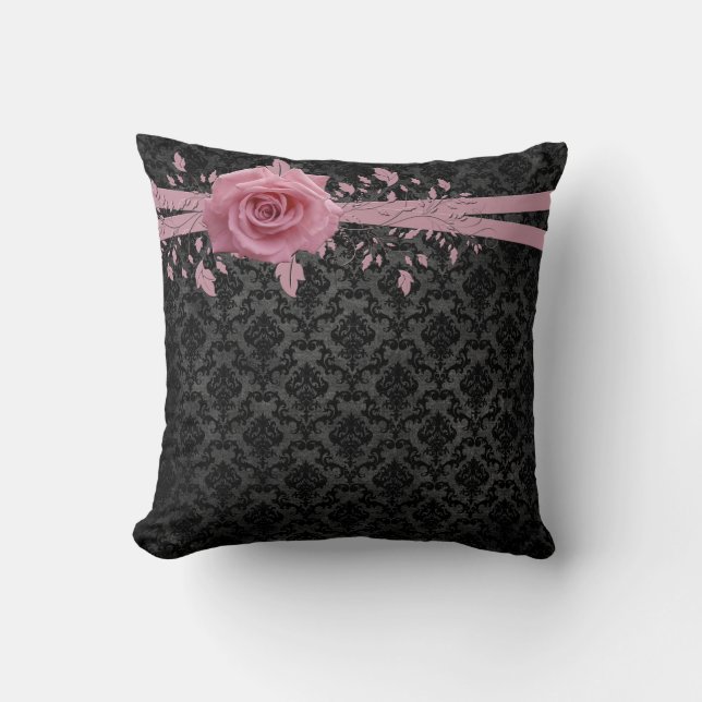 Black Luxus Damask Pink Rose Kissen (Vorderseite)