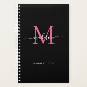 Black Magenta Pink Girly Monogram Script Name 2021 Planer
