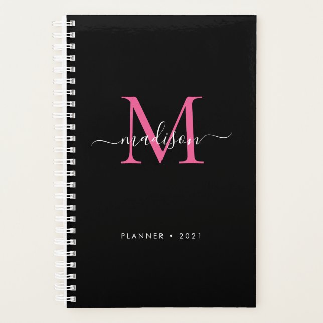 Black Magenta Pink Girly Monogram Script Name 2021 Planer (Vorderseite)