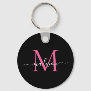 Black Magenta Pink Monogram Name Elegantes Skript Schlüsselanhänger