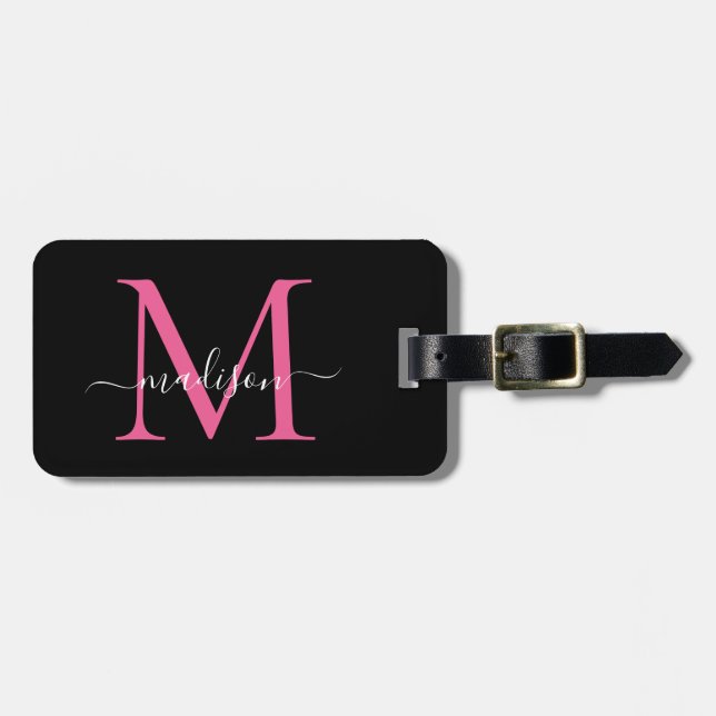 Black Magenta Pink Monogram Script Name Stilvoll Gepäckanhänger (Vorderseite horizontal)