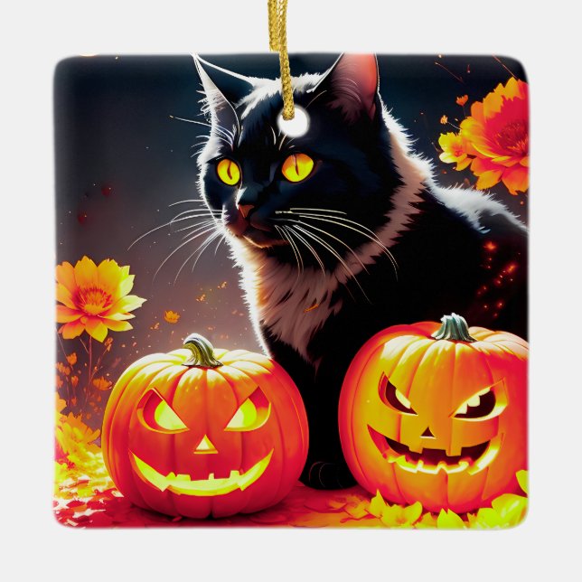 Black Magic Cat mit Pumpkins Keramikornament (Vorderseite)