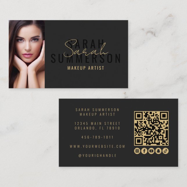 Black Makeup Artist Beauty Salon QR Code Photo Visitenkarte (Vorne/Hinten)