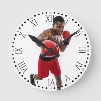 Black Male Boxer Punching Gym Decor Runde Wanduhr