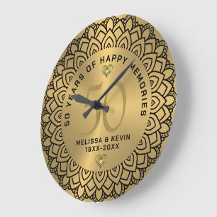 Black Mandala auf Gold 50. Hochzeit Jahrestag Große Wanduhr