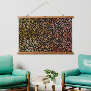 Black Mandala Elegant Trippy Psychedelic Hippie Wandteppich Mit Holzrahmen