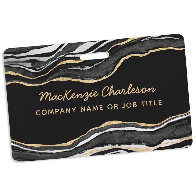 Black Marble Agate Geode Gold-Firmenname Ausweis (Black marble geode agate gold glitter effect modern script business name badge)