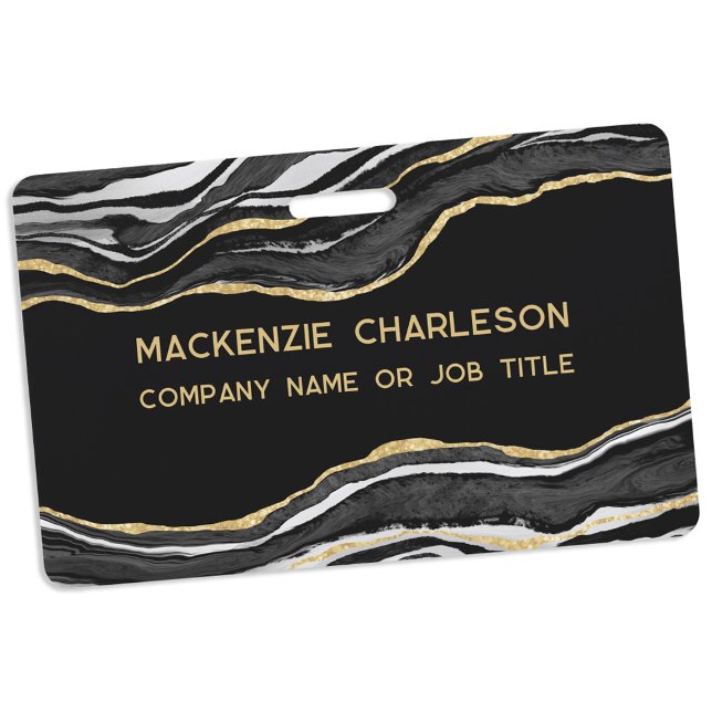 Black Marble Agate Geode Gold-Firmenname Ausweis (Black marble agate geode gold glitter effect business name badge)