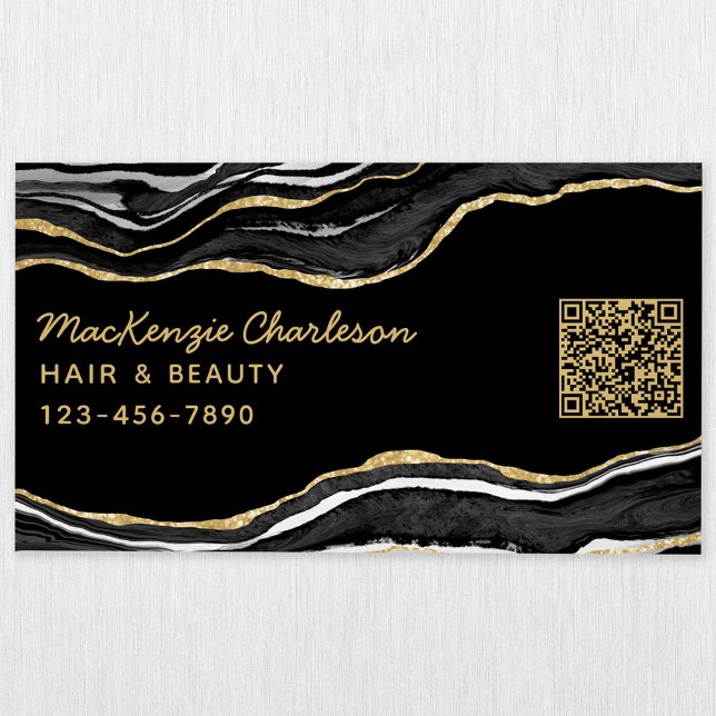 Black Marble Agate Geode Gold Glitzer QR Code Magnetische Visitenkarte (Black marble agate geode gold glitter effect modern script business card magnet with QR code)