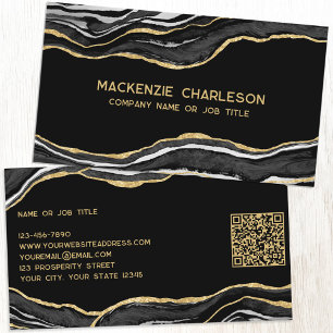 Black Marble Agate Geode Gold Glitzer QR Code Visitenkarte